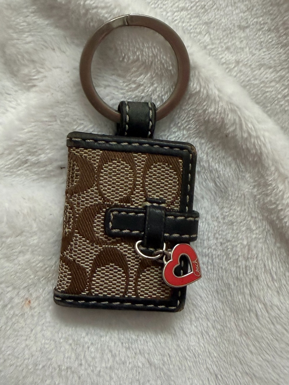 Coach Brown Signature Canvas Mini Notebook Keyring with Red Heart Charm